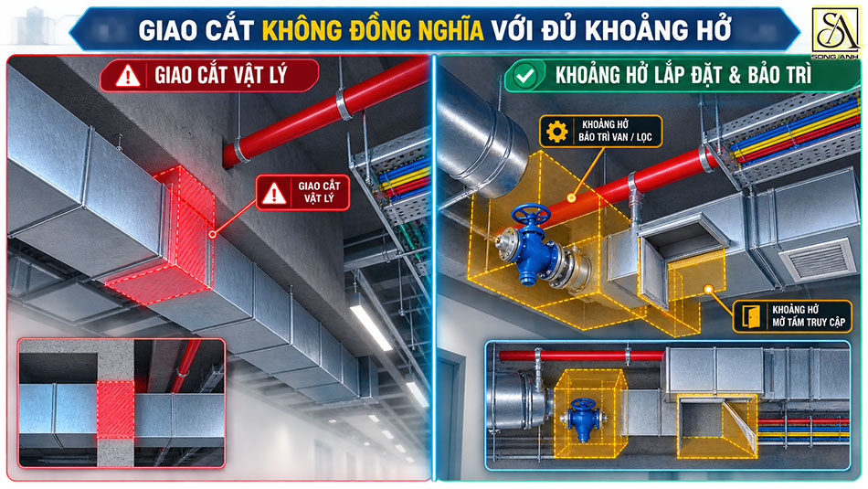 Phân biệt giao cắt vật lý và khoảng hở lắp đặt bảo trì hệ thống MEP